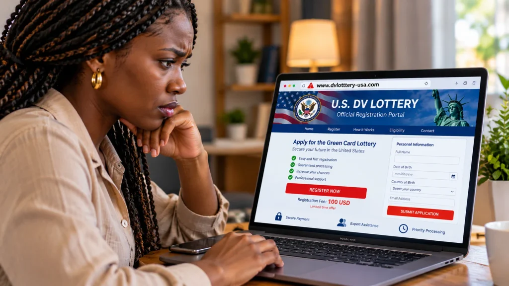 Arnaques DV Lottery : une candidate examine un faux site d'inscription à la loterie américaine