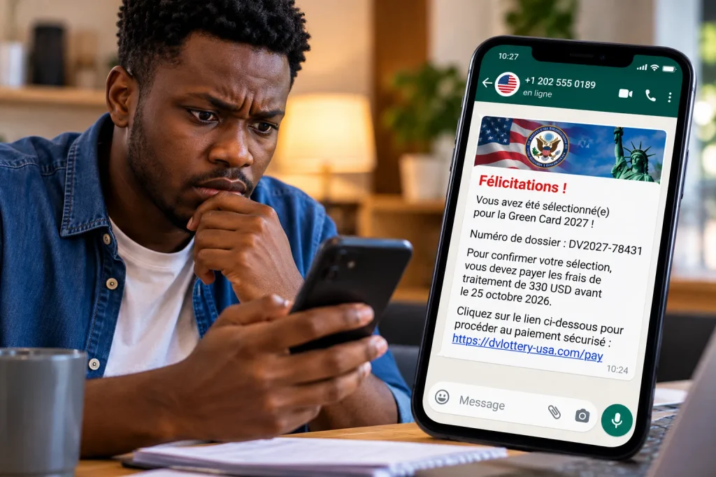 Homme découvrant sur son téléphone un faux message WhatsApp annonçant sa sélection à la DV Lottery et exigeant un paiement.